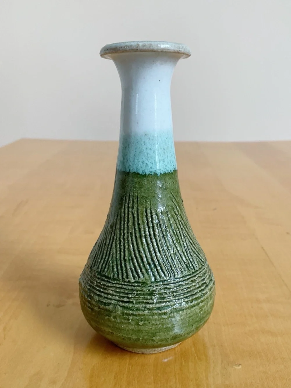 Signed Studio Pottery Bud Vase Green Drip Glaze Textured Art Pottery 4.5”